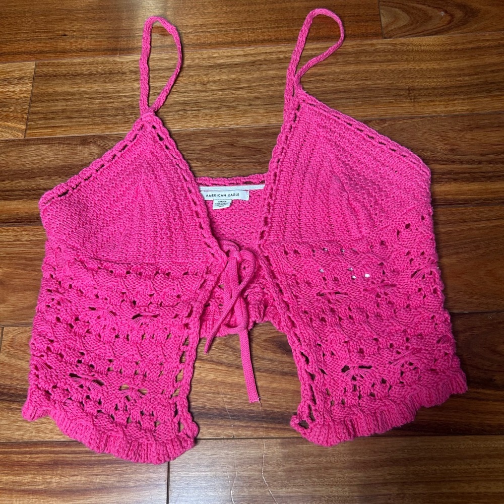 American Eagle Pink Crochet‎ Tie Front Crop Top Spaghetti Strap Boho S